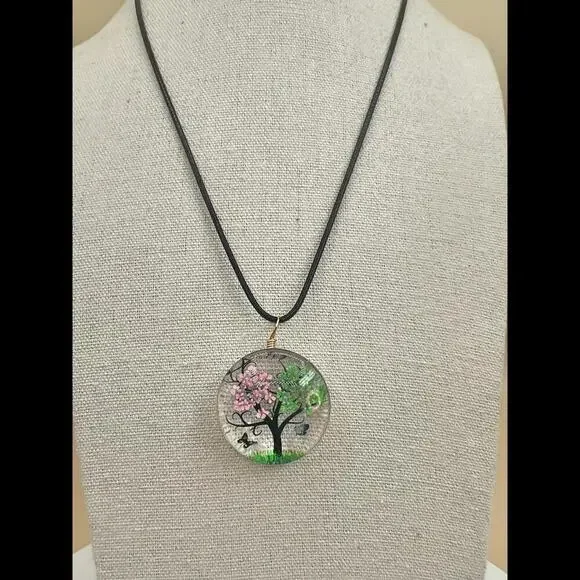 Beautiful Botanical Tree and Butterflies Pendant Necklace - Picture 1 of 11